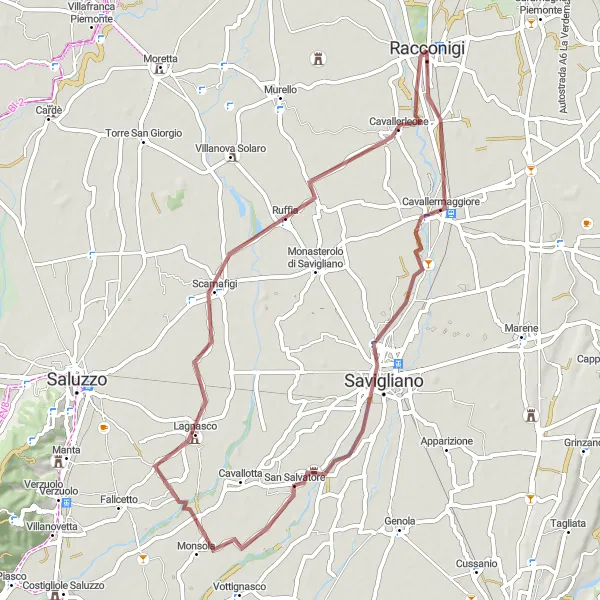 Miniatua del mapa de inspiración ciclista "Cavallermaggiore Loop por Savigliano y Castelli Tapparelli D'Azeglio" en Piemonte, Italy. Generado por Tarmacs.app planificador de rutas ciclistas