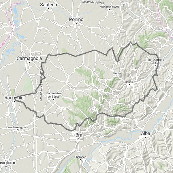 Miniaturní mapa "Okruh kolem Racconigi" inspirace pro cyklisty v oblasti Piemonte, Italy. Vytvořeno pomocí plánovače tras Tarmacs.app