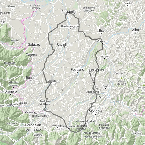 Zemljevid v pomanjšavi "Potovanje med Cherasco in Cavallerleone" kolesarske inspiracije v Piemonte, Italy. Generirano z načrtovalcem kolesarskih poti Tarmacs.app