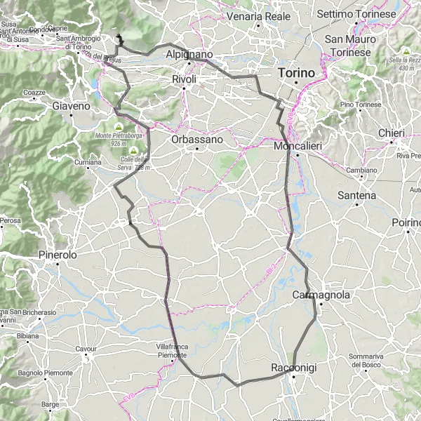 Miniaturní mapa "Kolem Racconigi na silnici" inspirace pro cyklisty v oblasti Piemonte, Italy. Vytvořeno pomocí plánovače tras Tarmacs.app