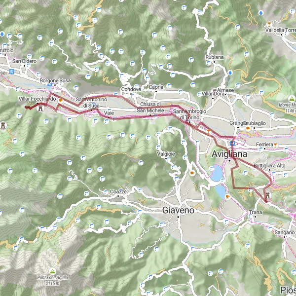 Miniaturekort af cykelinspirationen "Grusvej rute til Monte Pirchiriano" i Piemonte, Italy. Genereret af Tarmacs.app cykelruteplanlægger