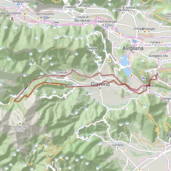 Mapa miniatúra "Gravelová výprava okolo Trany" cyklistická inšpirácia v Piemonte, Italy. Vygenerované cyklistickým plánovačom trás Tarmacs.app