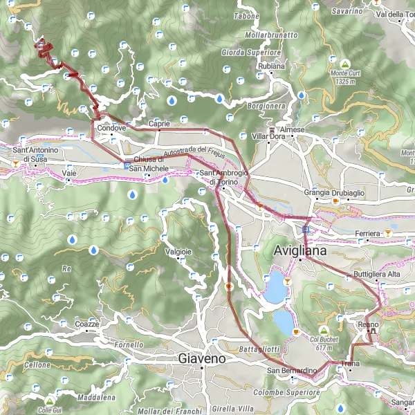 Zemljevid v pomanjšavi "Poličajna potovanja v gorovje Reano" kolesarske inspiracije v Piemonte, Italy. Generirano z načrtovalcem kolesarskih poti Tarmacs.app