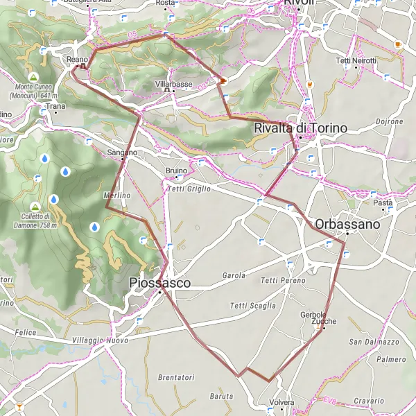 Zemljevid v pomanjšavi "Kolesarjenje med raznolikimi tereni v okolici Reano" kolesarske inspiracije v Piemonte, Italy. Generirano z načrtovalcem kolesarskih poti Tarmacs.app