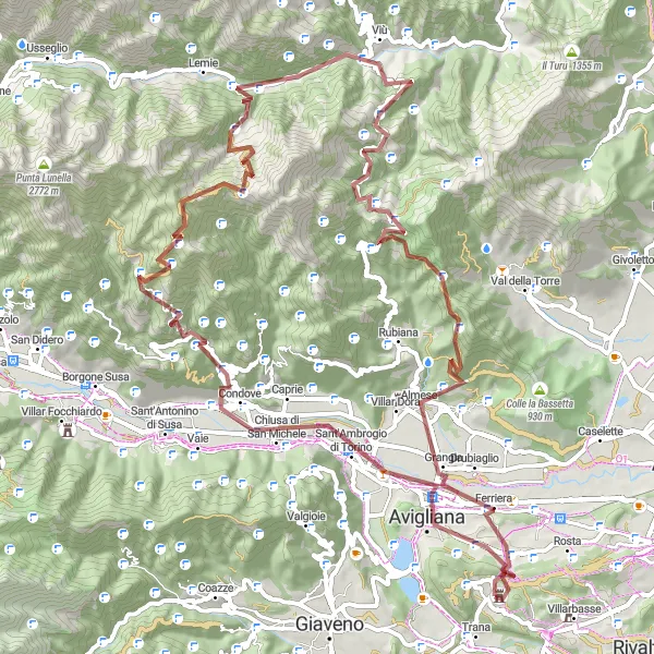 Mapa miniatúra "Okolo Reana - Gravel" cyklistická inšpirácia v Piemonte, Italy. Vygenerované cyklistickým plánovačom trás Tarmacs.app