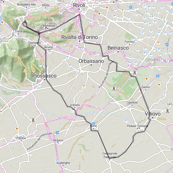 Miniatua del mapa de inspiración ciclista "Ruta de ciclismo de carretera cerca de Reano" en Piemonte, Italy. Generado por Tarmacs.app planificador de rutas ciclistas