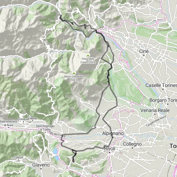Miniaturekort af cykelinspirationen "Udfordrende 104 km landevejsrute gennem Piemonte" i Piemonte, Italy. Genereret af Tarmacs.app cykelruteplanlægger