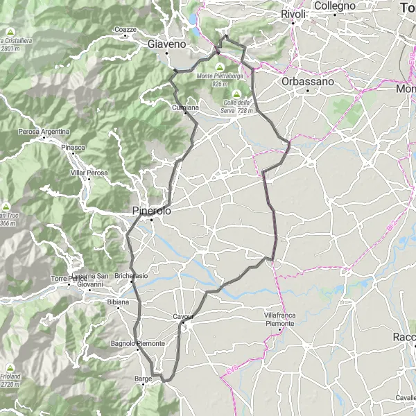 Map miniature of "Scenic Road Ride to Bricherasio" cycling inspiration in Piemonte, Italy. Generated by Tarmacs.app cycling route planner