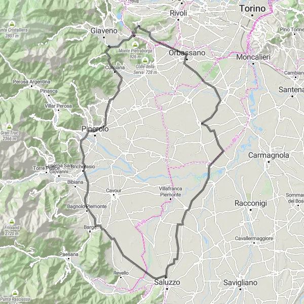 Zemljevid v pomanjšavi "Pinerolo do Cumiana prek Truc Bandiera" kolesarske inspiracije v Piemonte, Italy. Generirano z načrtovalcem kolesarskih poti Tarmacs.app