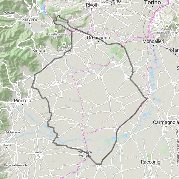 Miniatuurkaart van de fietsinspiratie "Weg Route van Reano naar Monte Cuneo (Moncuni)" in Piemonte, Italy. Gemaakt door de Tarmacs.app fietsrouteplanner