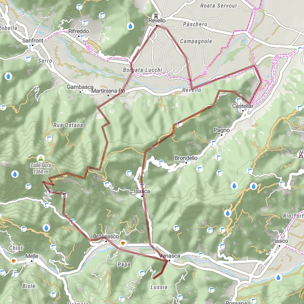 Map miniature of "Discover the Hidden Gems of Revello on Gravel Roads" cycling inspiration in Piemonte, Italy. Generated by Tarmacs.app cycling route planner