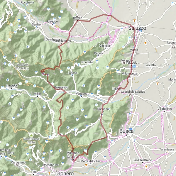 Kartminiatyr av "Eventyrlig fjellgrusrunde fra Revello" sykkelinspirasjon i Piemonte, Italy. Generert av Tarmacs.app sykkelrutoplanlegger