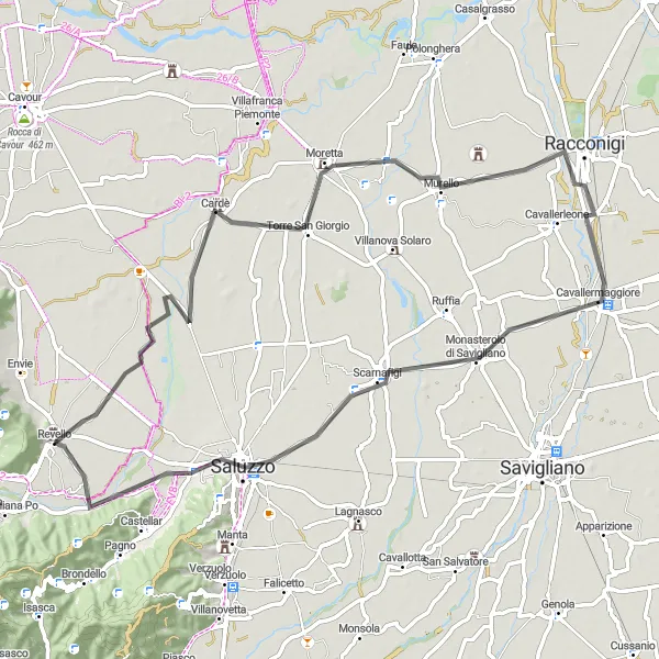Miniatua del mapa de inspiración ciclista "Ruta escénica a través de Castillos y Paisajes" en Piemonte, Italy. Generado por Tarmacs.app planificador de rutas ciclistas