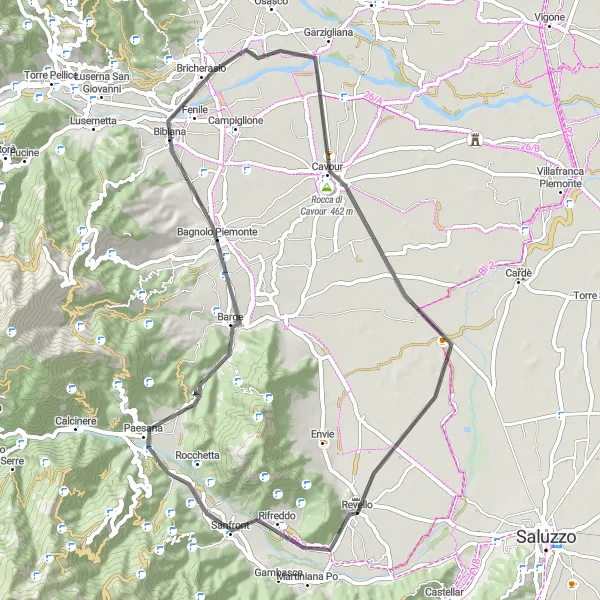 Mapa miniatúra "Trasa okolo Revello cez Paesanu a Rocca di Cavour" cyklistická inšpirácia v Piemonte, Italy. Vygenerované cyklistickým plánovačom trás Tarmacs.app