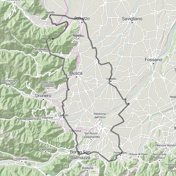 Miniatuurkaart van de fietsinspiratie "Uitdagende fietsroute van Revello naar Rossana via Saluzzo en Belvedere" in Piemonte, Italy. Gemaakt door de Tarmacs.app fietsrouteplanner