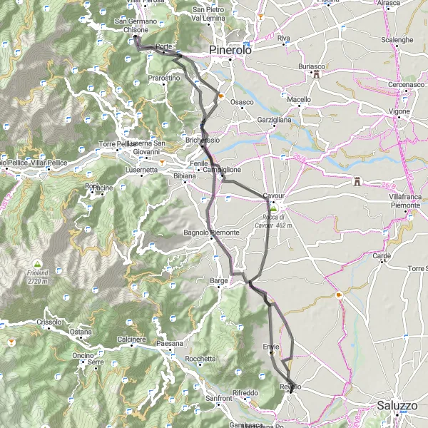 Miniature de la carte de l'inspiration cycliste "Parcours de cyclisme autour de Revello" dans la Piemonte, Italy. Générée par le planificateur d'itinéraire cycliste Tarmacs.app