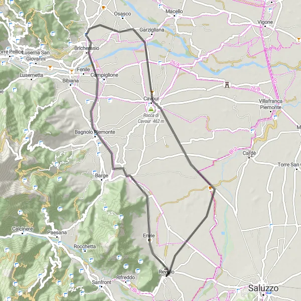 Kartminiatyr av "Rundtur till Revello via Bricherasio och Cavour" cykelinspiration i Piemonte, Italy. Genererad av Tarmacs.app cykelruttplanerare