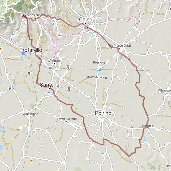 Miniature de la carte de l'inspiration cycliste "Exploration des Chemins de Revigliasco" dans la Piemonte, Italy. Générée par le planificateur d'itinéraire cycliste Tarmacs.app