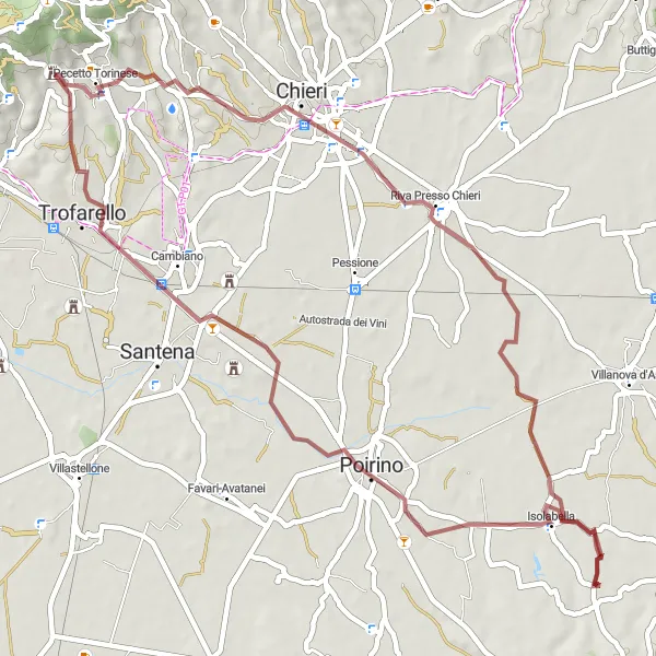 Miniature de la carte de l'inspiration cycliste "Tour de la Vallée de Revigliasco" dans la Piemonte, Italy. Générée par le planificateur d'itinéraire cycliste Tarmacs.app