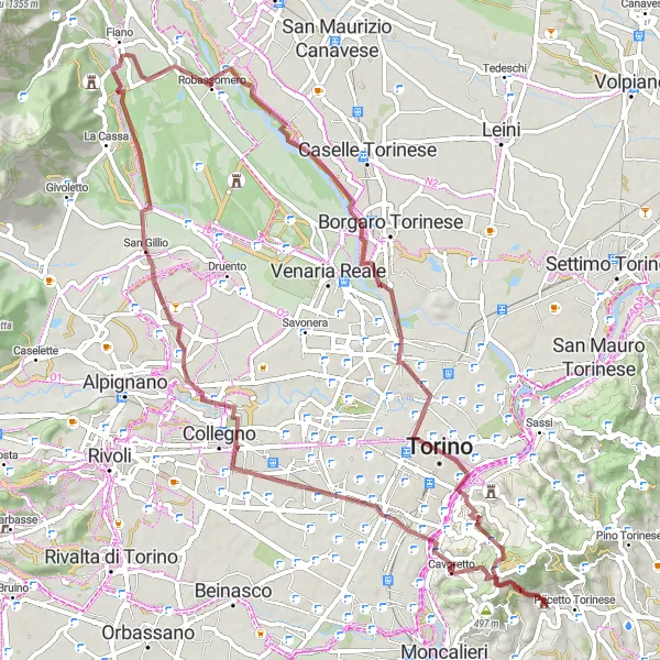 Miniatura della mappa di ispirazione al ciclismo "Esplorazione in gravel tra Castello di Revigliasco e Piazza Vittorio Veneto" nella regione di Piemonte, Italy. Generata da Tarmacs.app, pianificatore di rotte ciclistiche