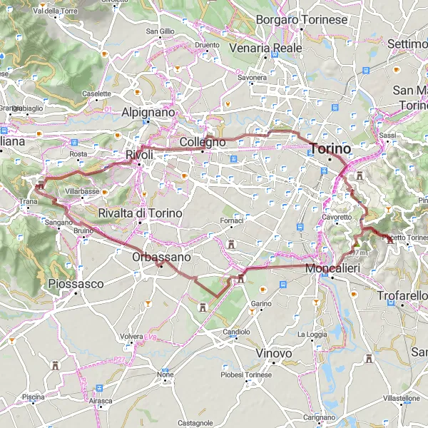 Map miniature of "Revigliasco Gravel Adventure" cycling inspiration in Piemonte, Italy. Generated by Tarmacs.app cycling route planner