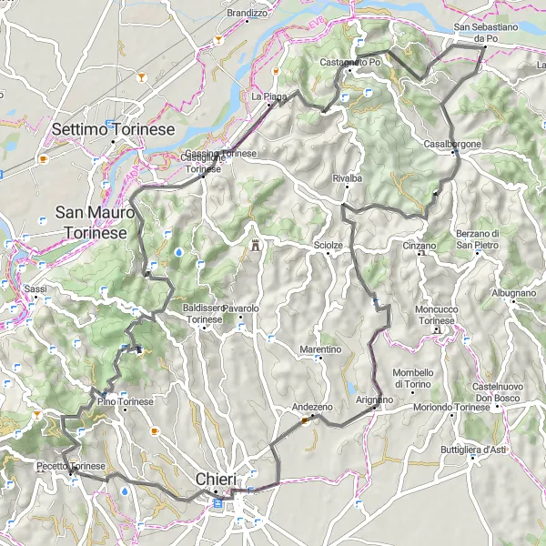 Miniatua del mapa de inspiración ciclista "Ruta de ciclismo de carretera por Revigliasco y alrededores" en Piemonte, Italy. Generado por Tarmacs.app planificador de rutas ciclistas