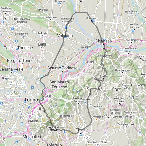 Map miniature of "Revigliasco Road Bike Adventure" cycling inspiration in Piemonte, Italy. Generated by Tarmacs.app cycling route planner