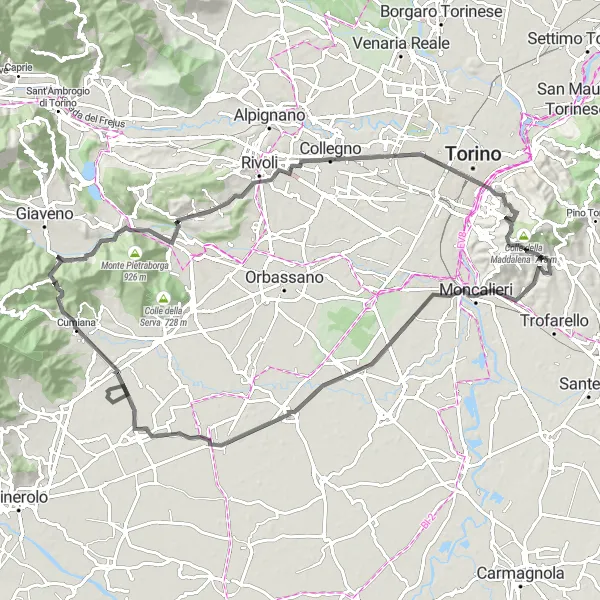 Kartminiatyr av "Landsväg till Castello di Revigliasco" cykelinspiration i Piemonte, Italy. Genererad av Tarmacs.app cykelruttplanerare