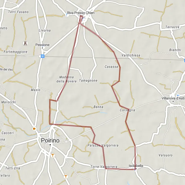 Miniature de la carte de l'inspiration cycliste "Balade Gravel de Isolabella à Riva Presso Chieri" dans la Piemonte, Italy. Générée par le planificateur d'itinéraire cycliste Tarmacs.app