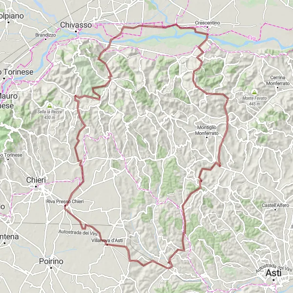 Miniatua del mapa de inspiración ciclista "Riva Presso Chieri - Arignano - Vernone - Bric del Cerro - Crescentino - Brozolo - Bric Pollone - Cortanze - Villafranca d'Asti - Villanova d'Asti" en Piemonte, Italy. Generado por Tarmacs.app planificador de rutas ciclistas