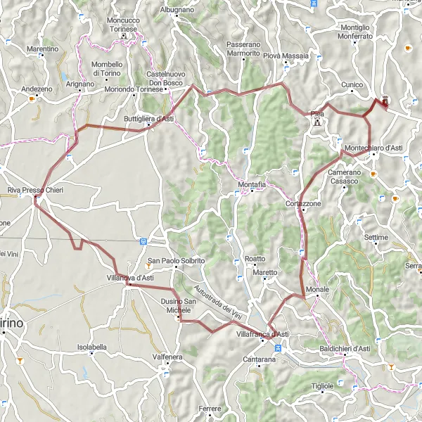 Kartminiatyr av "Äventyr genom Asti och omgivningar" cykelinspiration i Piemonte, Italy. Genererad av Tarmacs.app cykelruttplanerare