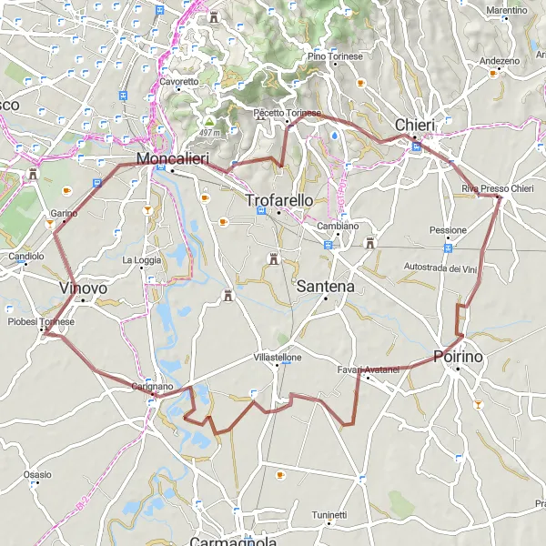Zemljevid v pomanjšavi "Po stezicah blizu Riva Presso Chieri" kolesarske inspiracije v Piemonte, Italy. Generirano z načrtovalcem kolesarskih poti Tarmacs.app