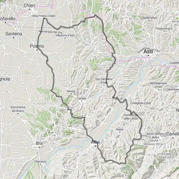 Mapa miniatúra "Cyklotúra cez Montafia a Albu" cyklistická inšpirácia v Piemonte, Italy. Vygenerované cyklistickým plánovačom trás Tarmacs.app