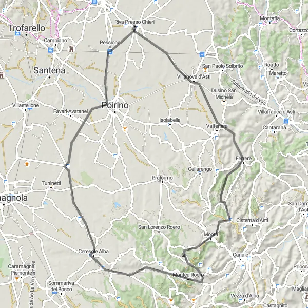 Zemljevid v pomanjšavi "Obarvana kolesarska tura v bližini Riva Presso Chieri" kolesarske inspiracije v Piemonte, Italy. Generirano z načrtovalcem kolesarskih poti Tarmacs.app