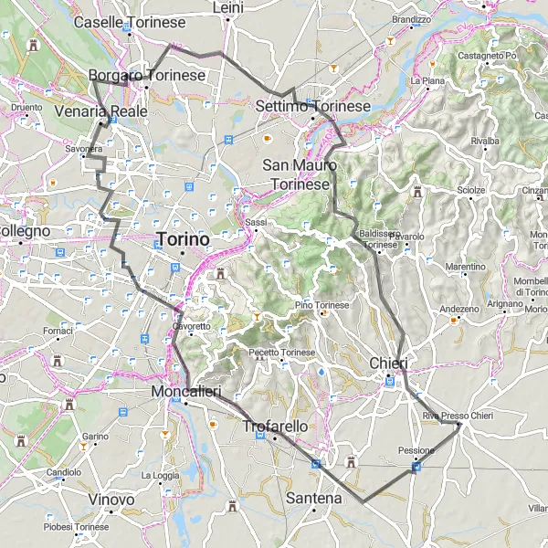 Miniatua del mapa de inspiración ciclista "Ruta de Chieri a Settimo Torinese" en Piemonte, Italy. Generado por Tarmacs.app planificador de rutas ciclistas