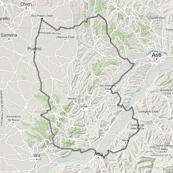 Zemljevid v pomanjšavi "Krožna kolesarska pot do Riva Presso Chieri" kolesarske inspiracije v Piemonte, Italy. Generirano z načrtovalcem kolesarskih poti Tarmacs.app
