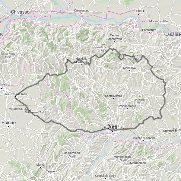 Zemljevid v pomanjšavi "Razgibana cestna kolesarska tura v bližini Riva Presso Chieri" kolesarske inspiracije v Piemonte, Italy. Generirano z načrtovalcem kolesarskih poti Tarmacs.app