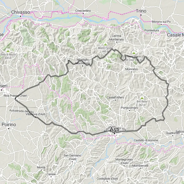 Map miniature of "Asti Vineyards Tour" cycling inspiration in Piemonte, Italy. Generated by Tarmacs.app cycling route planner