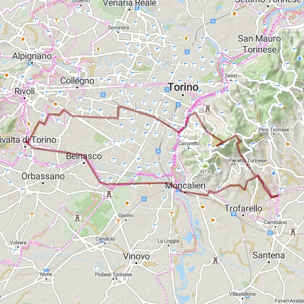 Miniaturní mapa "Gravel Tour na kole z a do Rivalta di Torino" inspirace pro cyklisty v oblasti Piemonte, Italy. Vytvořeno pomocí plánovače tras Tarmacs.app