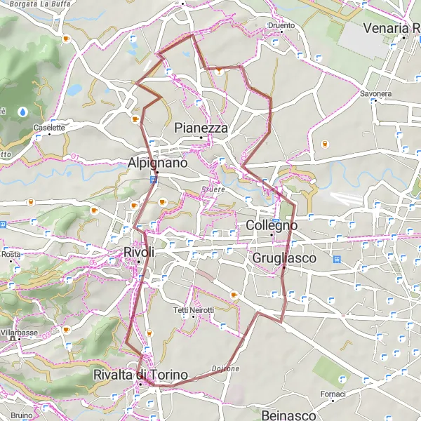 Miniature de la carte de l'inspiration cycliste "Découverte naturelle en gravel autour de Rivalta di Torino" dans la Piemonte, Italy. Générée par le planificateur d'itinéraire cycliste Tarmacs.app