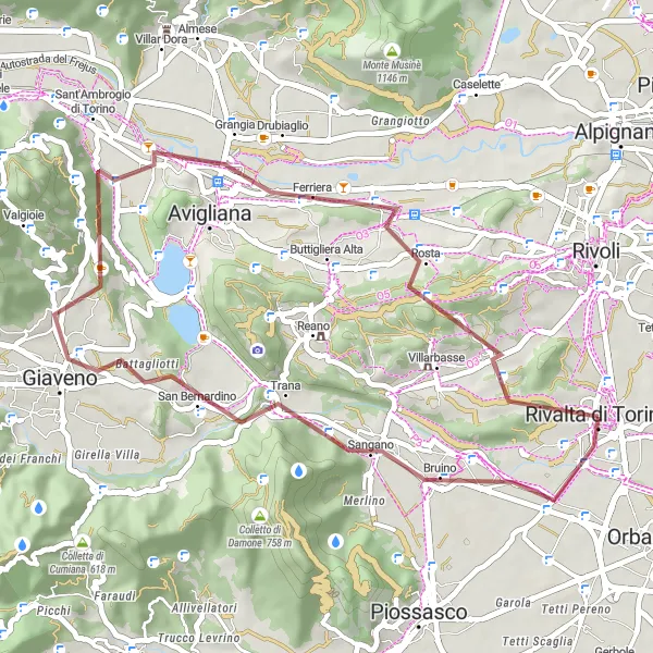 Miniatura della mappa di ispirazione al ciclismo "Avventura gravel tra Sangano e Truc Castellazzo" nella regione di Piemonte, Italy. Generata da Tarmacs.app, pianificatore di rotte ciclistiche