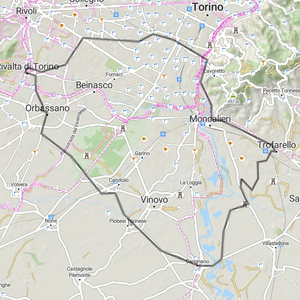 Miniatura della mappa di ispirazione al ciclismo "Tra i castelli di Moncalieri e Rivalta" nella regione di Piemonte, Italy. Generata da Tarmacs.app, pianificatore di rotte ciclistiche