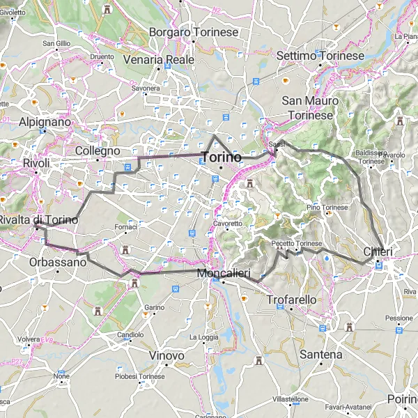 Mapa miniatúra "Výlet cez Mastio della Cittadella, Superga a Chieri" cyklistická inšpirácia v Piemonte, Italy. Vygenerované cyklistickým plánovačom trás Tarmacs.app