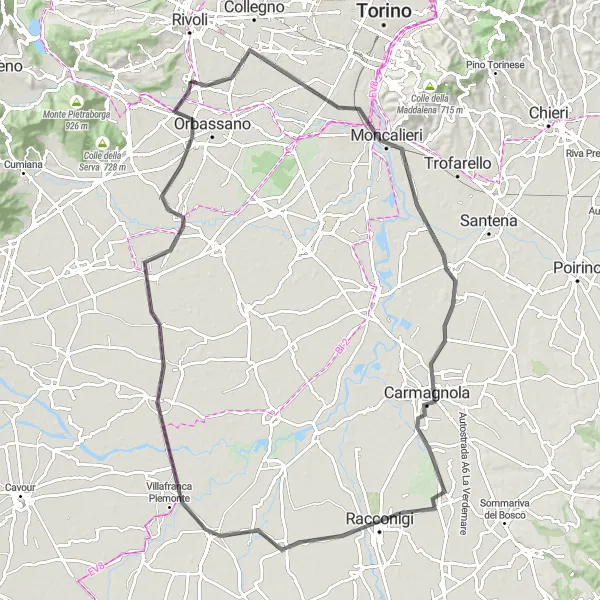 Miniatura della mappa di ispirazione al ciclismo "Giro cicloturistico da Rivalta di Torino a Moncalieri" nella regione di Piemonte, Italy. Generata da Tarmacs.app, pianificatore di rotte ciclistiche