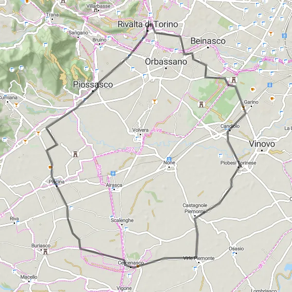 Miniatura della mappa di ispirazione al ciclismo "Giro panoramico tra Rivalta di Torino e Stupinigi" nella regione di Piemonte, Italy. Generata da Tarmacs.app, pianificatore di rotte ciclistiche