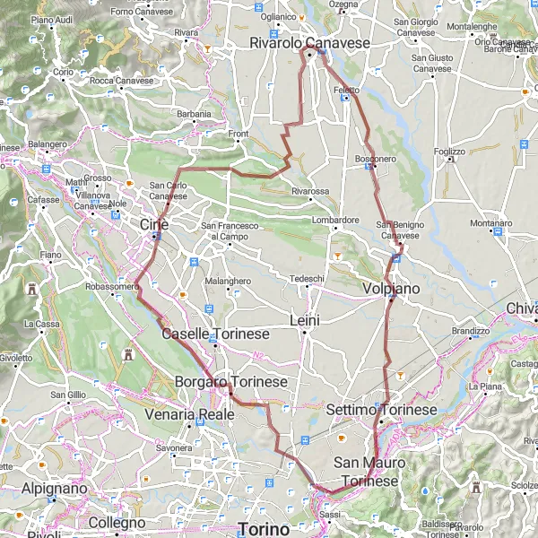 Karttaminiaatyyri "Maaseudun seikkailu Rivarolo Canavese -reitti" pyöräilyinspiraatiosta alueella Piemonte, Italy. Luotu Tarmacs.app pyöräilyreittisuunnittelijalla