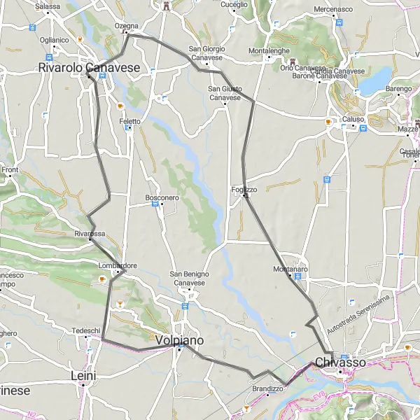 Kartminiatyr av "Historiska Vägar till Rivarolo Canavese" cykelinspiration i Piemonte, Italy. Genererad av Tarmacs.app cykelruttplanerare