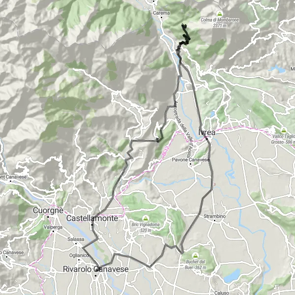 Miniature de la carte de l'inspiration cycliste "Défi montagneux autour de Rivarolo Canavese" dans la Piemonte, Italy. Générée par le planificateur d'itinéraire cycliste Tarmacs.app