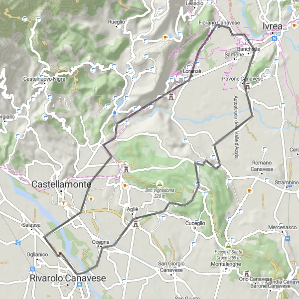 Mapa miniatúra "Cyklistická trasa Rivarolo Canavese - Valico di Strambinello - Strambinello - Mondone - Perosa Canavese - Agliè - Rivarolo Canavese" cyklistická inšpirácia v Piemonte, Italy. Vygenerované cyklistickým plánovačom trás Tarmacs.app