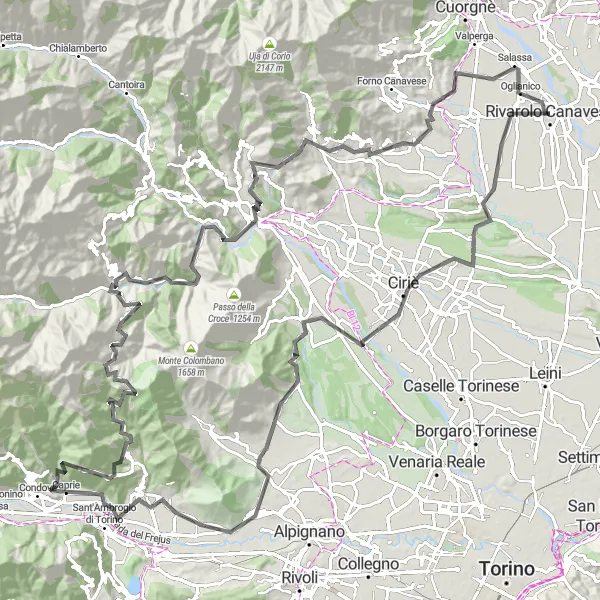 Miniaturní mapa "Cyklistická trasa kolem Rivarolo Canavese" inspirace pro cyklisty v oblasti Piemonte, Italy. Vytvořeno pomocí plánovače tras Tarmacs.app